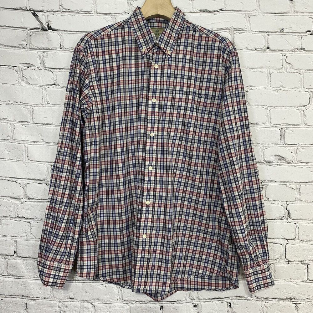 Beretta Mens Casual Button Down Shirt Size L‎ Red Blue Check Long Sleeve Cotton